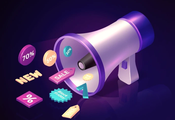 Digital marketing megaphone announcing tech innovations and solutions