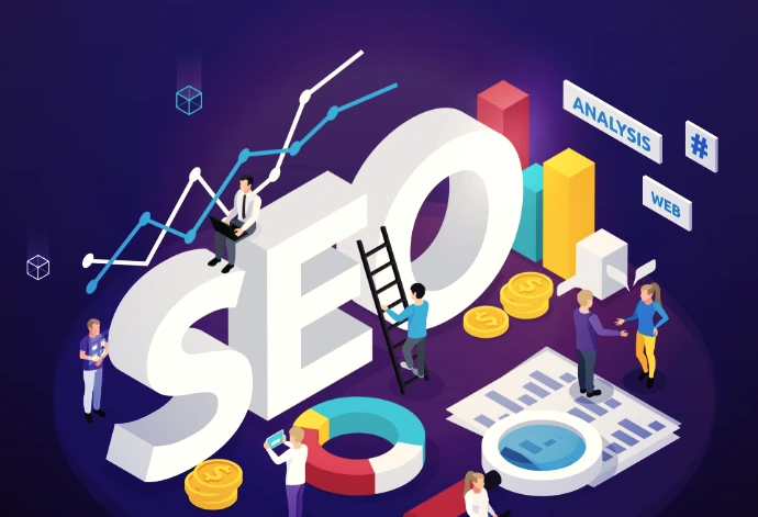 SEO optimization concept with magnifying glass and search engine icons